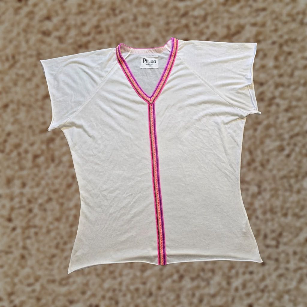 Vintage Pitusa Top Womens XL White Pink Embroidery V Neck Stretch Casual Boho Peru Shirt Ladies Size XL / US 12-14 / IT 48-50 - 1 Thumbnail