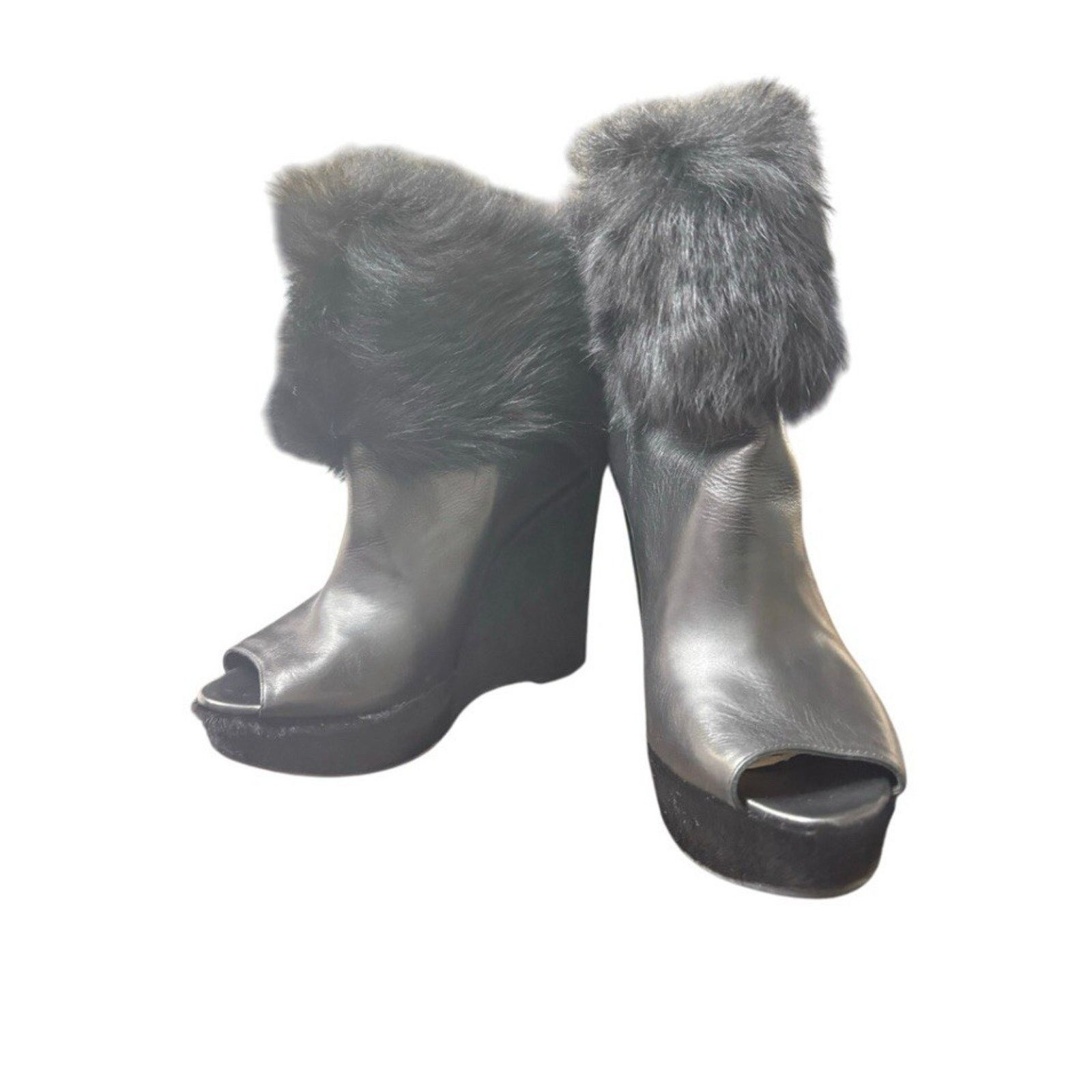 Prada PRADA BLACK LEATHER FUR PEEP TOE BOOTS SHOES SZ 39 OR 8.5 Size US 8.5 / IT 38.5 - 2 Thumbnail