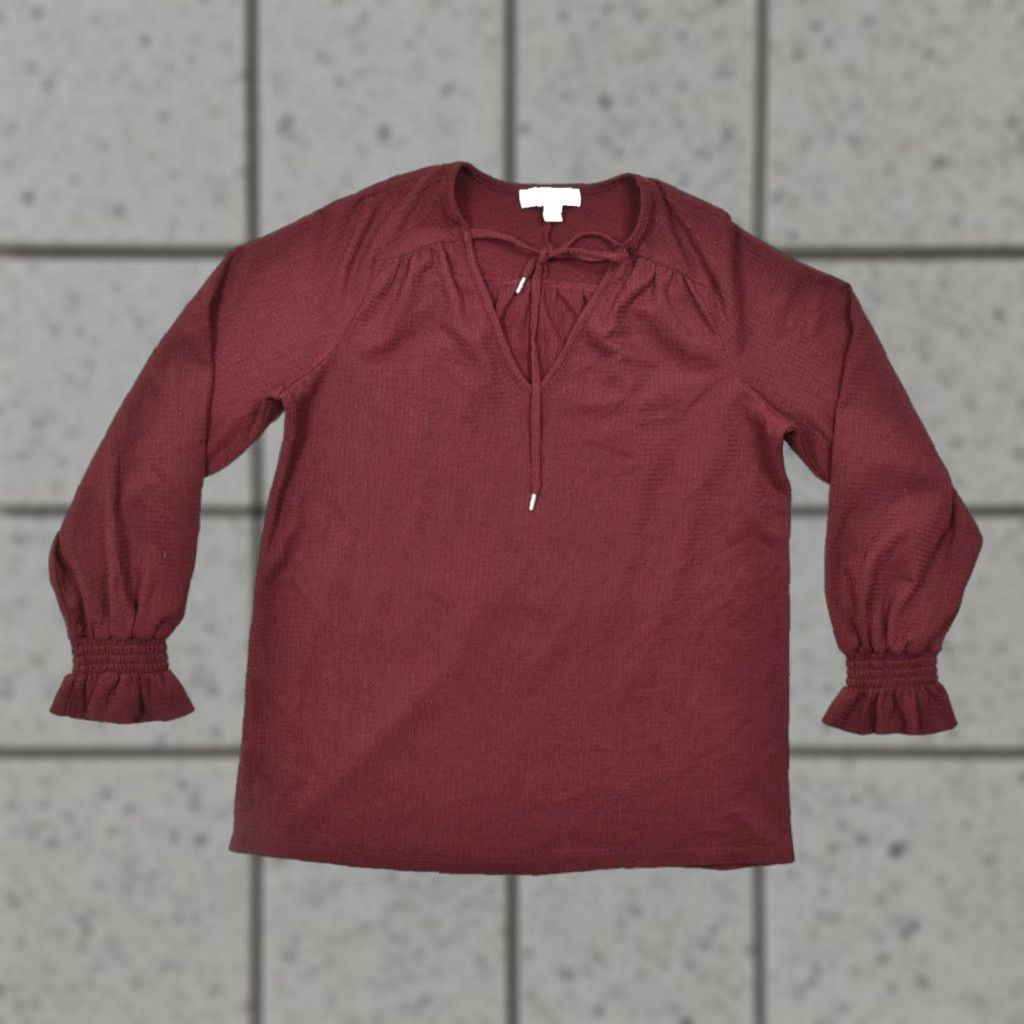 Michael Kors Michael Kors Blouse Womens Size M Maroon V-Neck Long Sleeve Smocked Cuff Tie Front Size M / US 6-8 / IT 42-44 - 1 Thumbnail