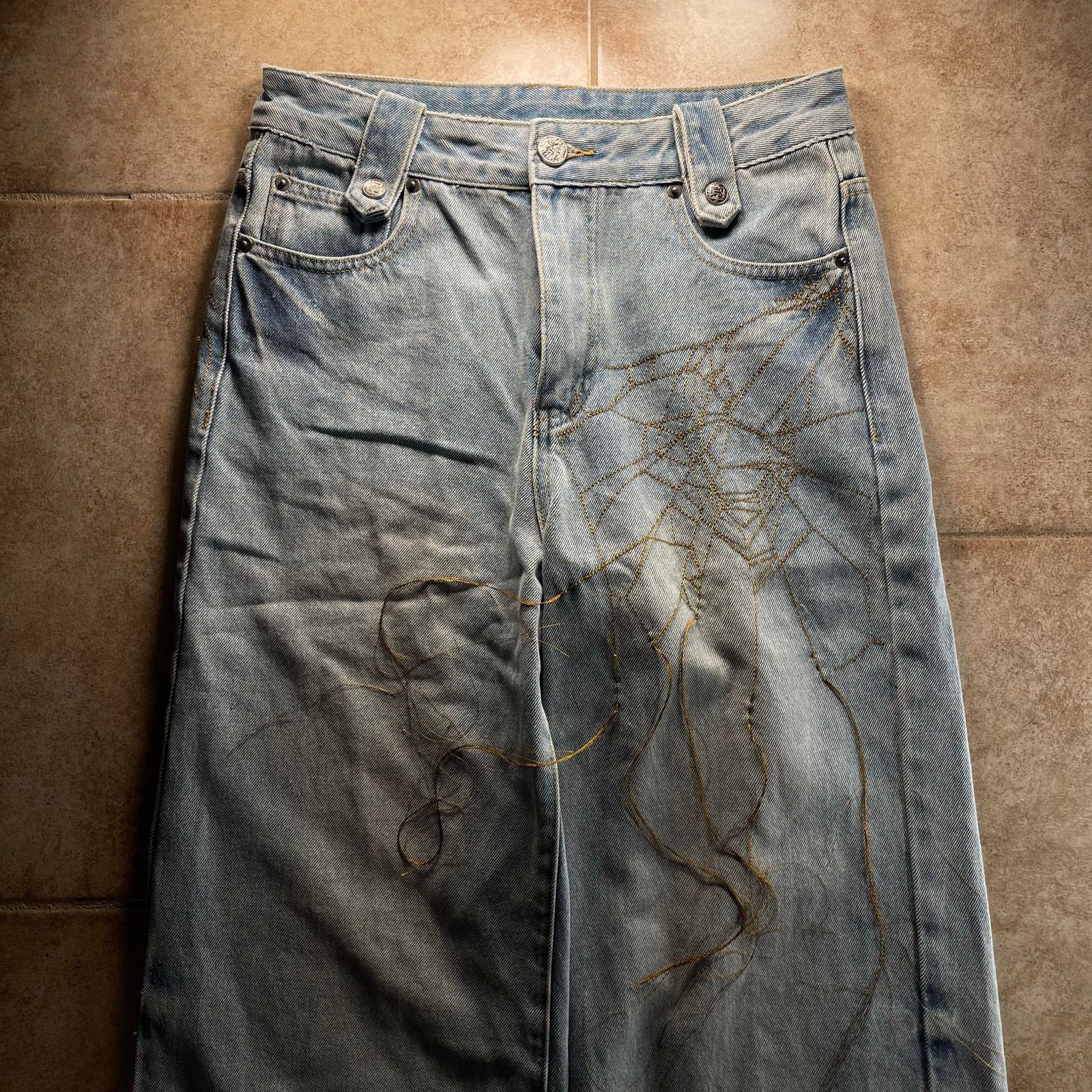 Hysteric Glamour Spider Web Embroidered Blue Wide-Leg Baggy Denim Jeans Size US 29 - 3 Thumbnail