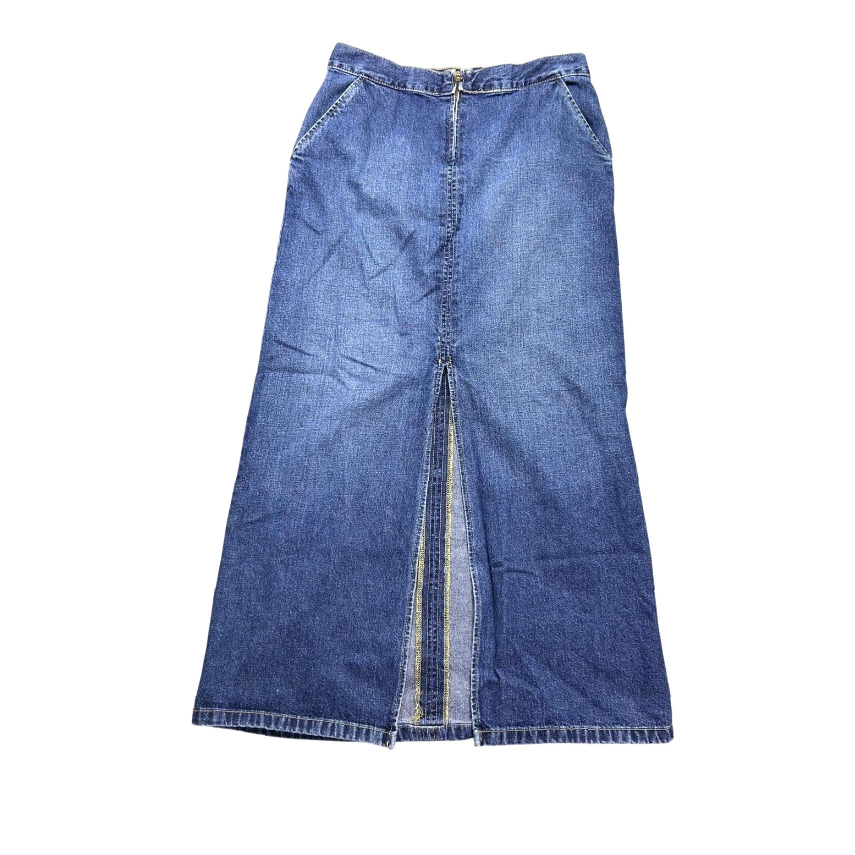 Denime VINTAGE Tommy Jeans Skirt Maxi Slit Denim 9 Womens USA Made Blue 90s Classic Zipper Pockets Logo High Rise Solid Long Machine Washable Juniors Size 30" / US 8 / IT 44 - 2 Thumbnail