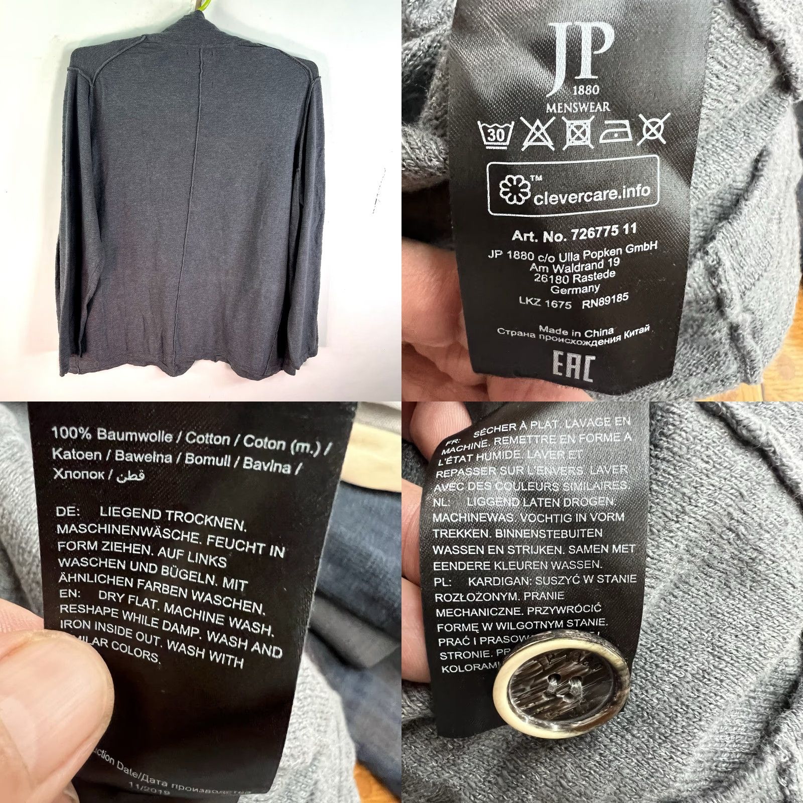 Vintage JP 1880 Cotton Cardigan Button-Up Pocketed Sweater Mens 5XL Gray Collared Shirt? Size US XXL / EU 58 / 5 - 8 Thumbnail