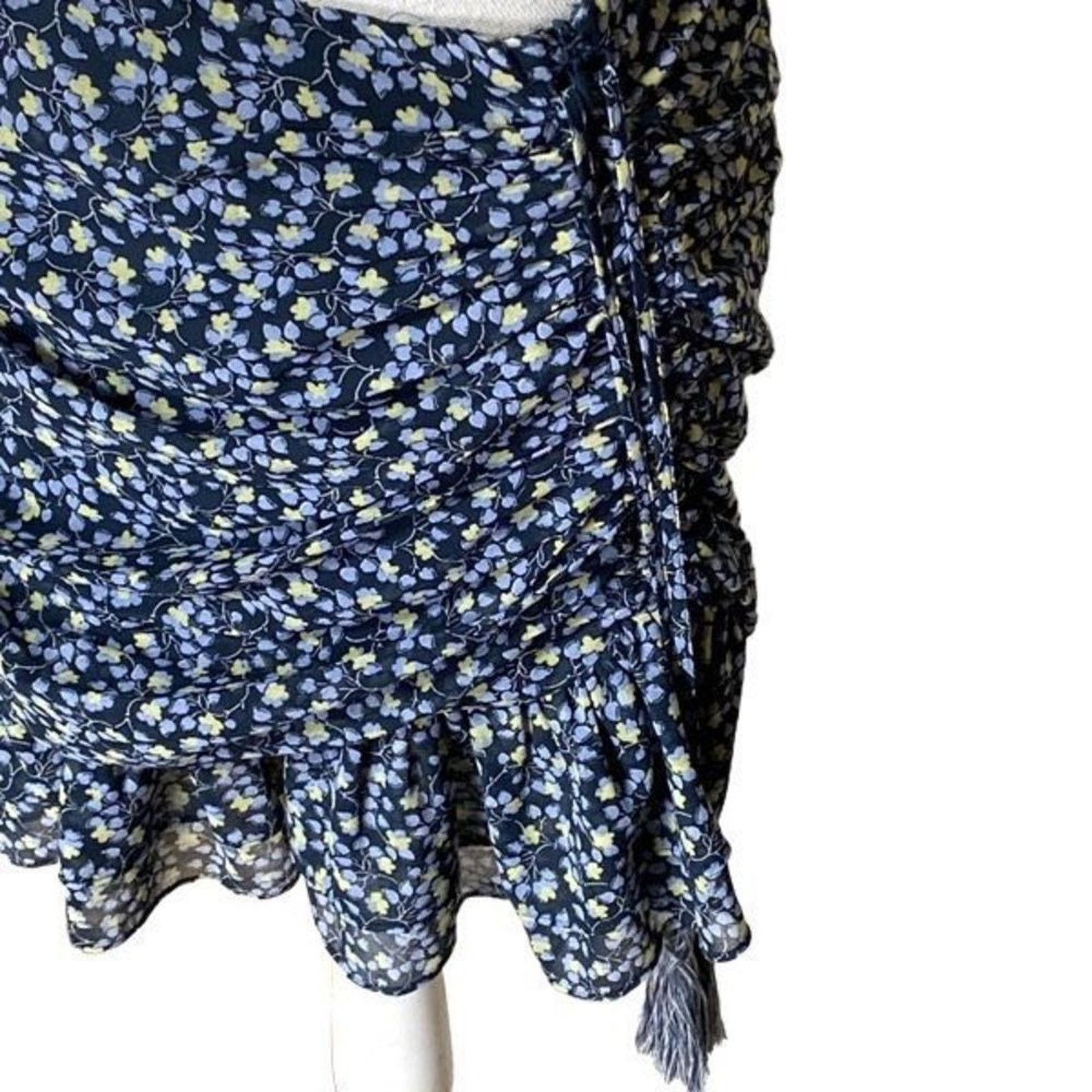 Nordstrom 1. State Blue Yellow Floral Ruched Mini Wrap Skirt Size 8 Size 30" / US 8 / IT 44 - 3 Thumbnail