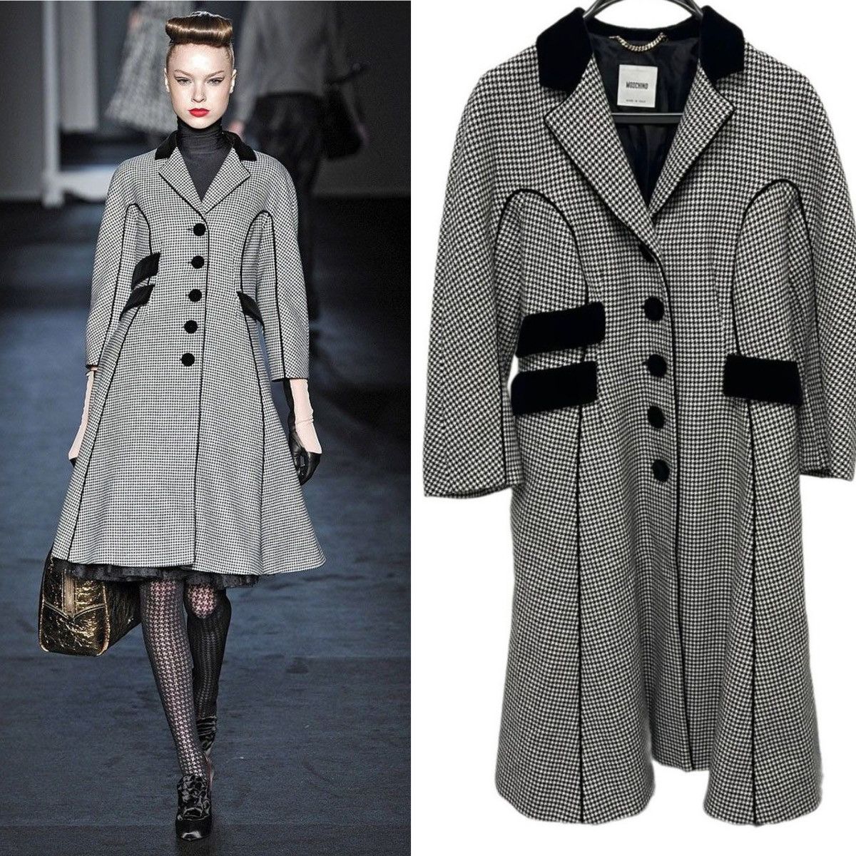 Image of Moschino Black White Houndstoot Princess Wool Coat, S-M, Women's (Size Small)