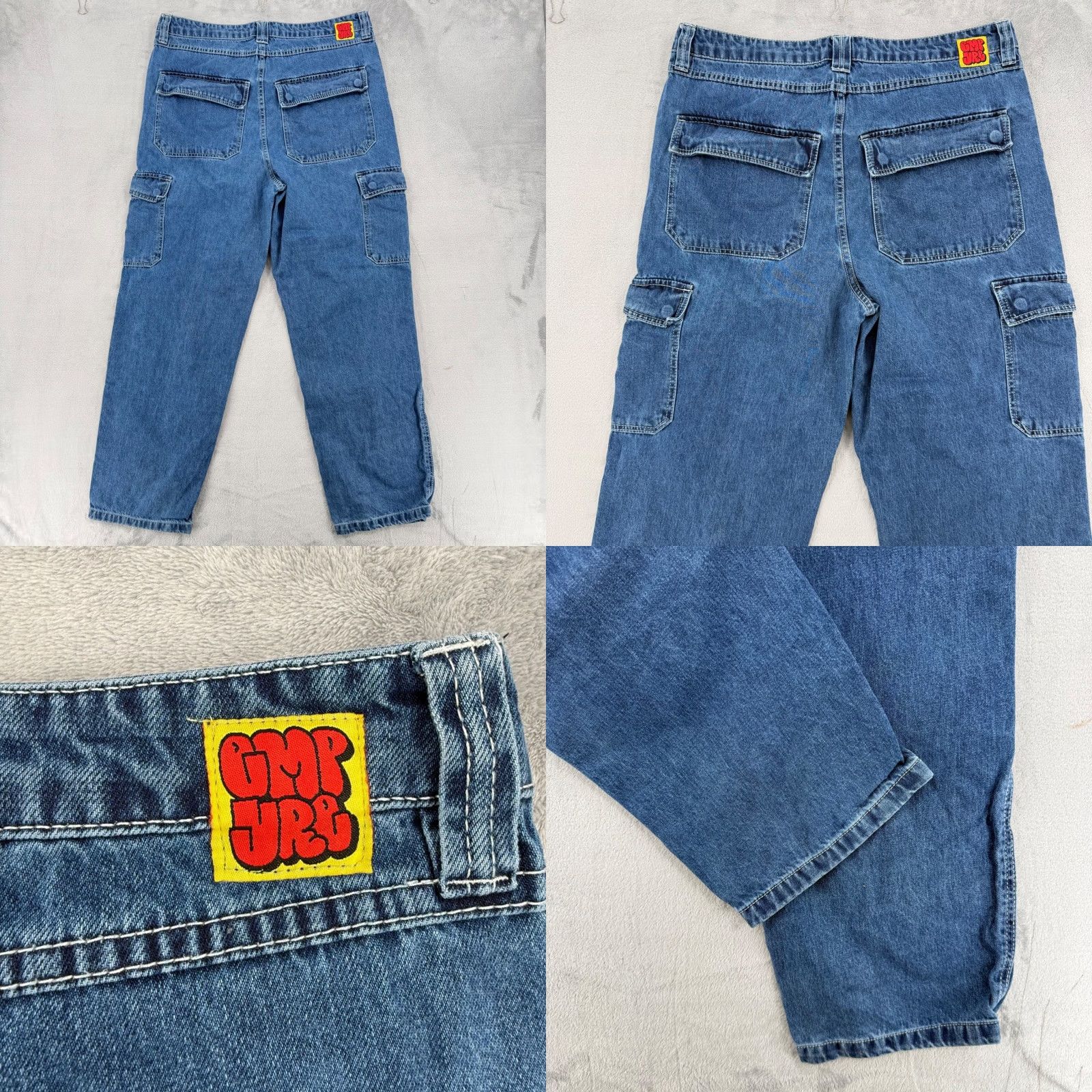 Empyre Empyre Jeans Cargo Cargo Pocket Jeans Medium Wash Blue Denim Skate Pants Men 34 Denim Wide-Leg Relaxed 5-Pocket Zip Button Mens Size 24" / US 00 / IT 34 - 8 Thumbnail