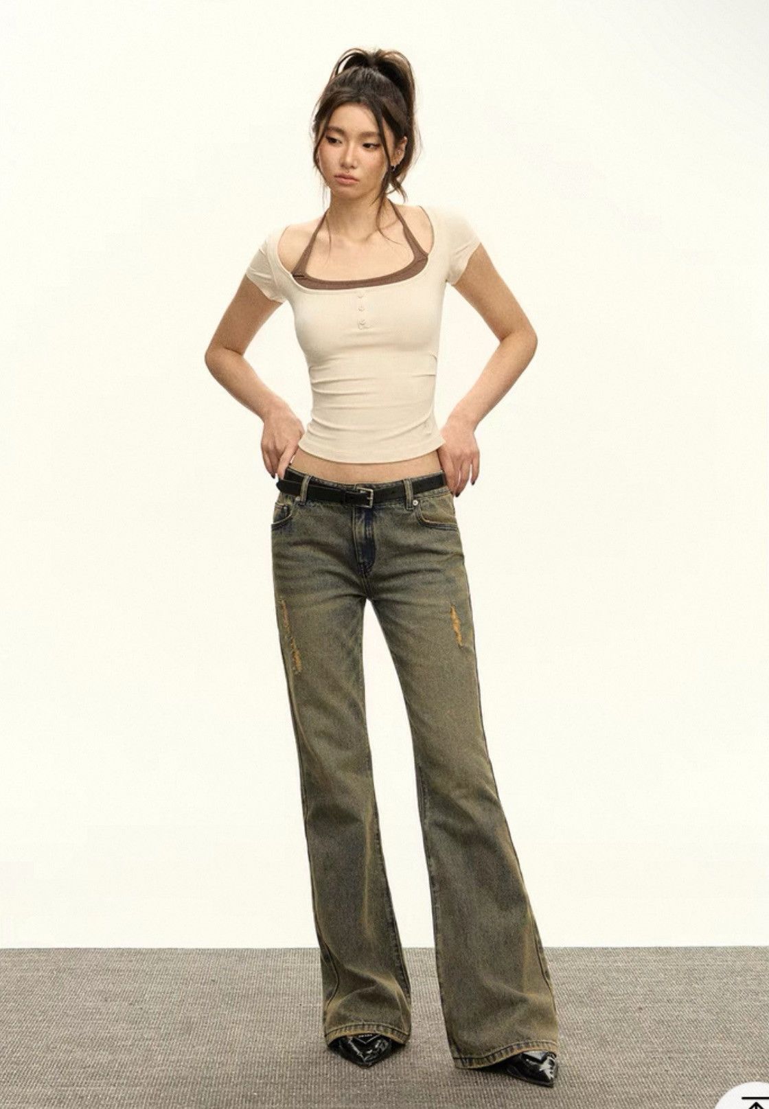 Other Beige Short Sleeve Top with Brown Layered Halter Neckline Size L / US 10 / IT 46 - 5 Thumbnail