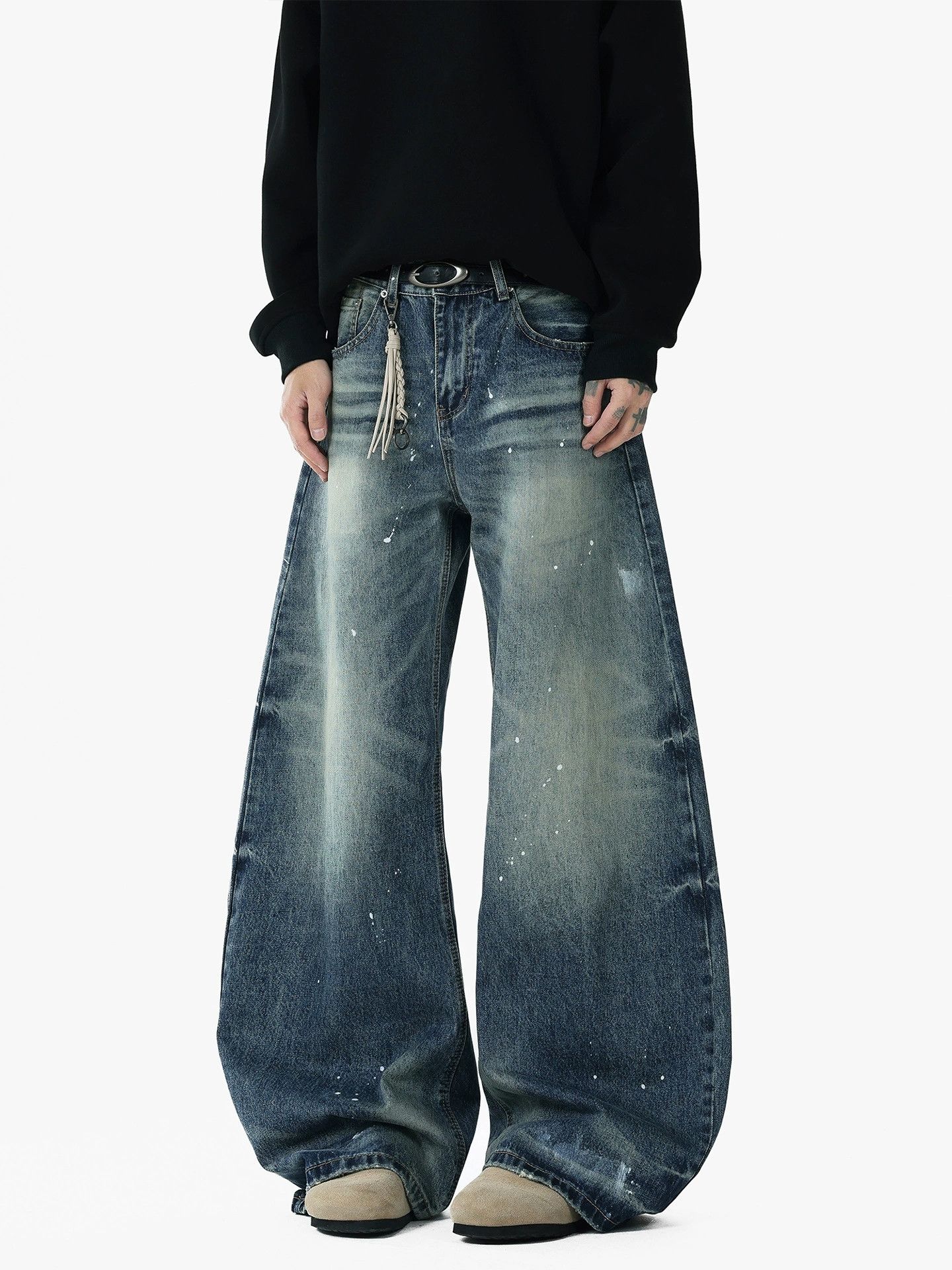 Vintage Retro Washed Distressed Splatter-Painted Curved-Leg Jeans Size US 32 / EU 48 - 4 Thumbnail