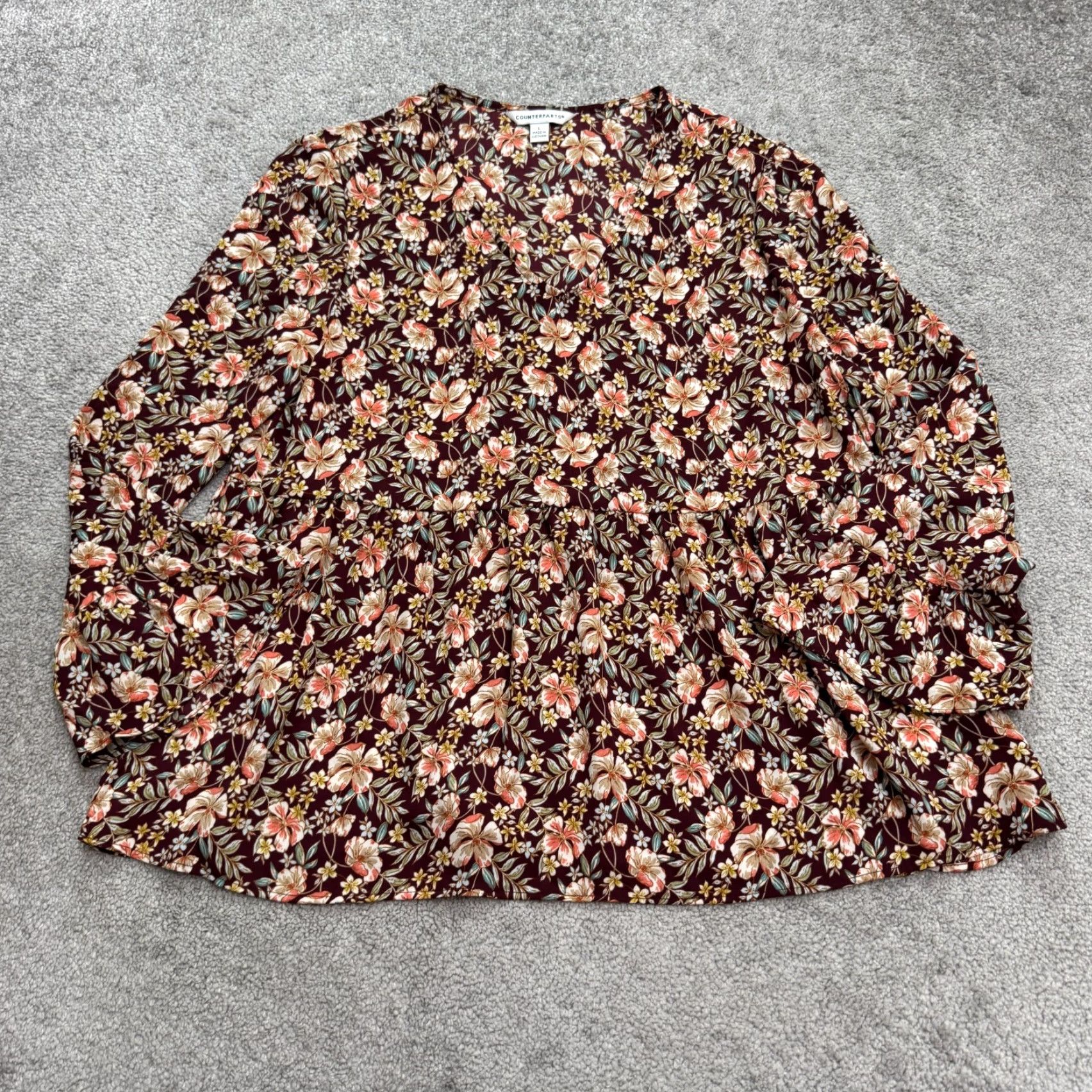Vintage Counterparts Blouse Womens Large Burgundy Floral Long Sleeve V-Neck Tunic Top Size L / US 10 / IT 46 - 2 Thumbnail