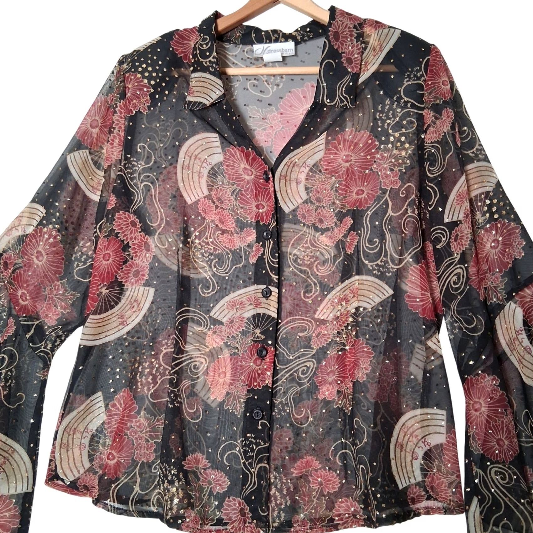Vintage VINTAGE Dressbarn Blouse Plus Size 18/20 Sheer Black Metallic Gold Floral Bell Sleeve Size XXL / US 16-18 / IT 52-54 - 4 Thumbnail