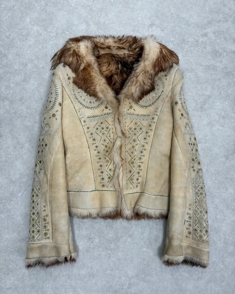 2000s Roberto Cavalli Ornament Fur Sherling Beige Jacket