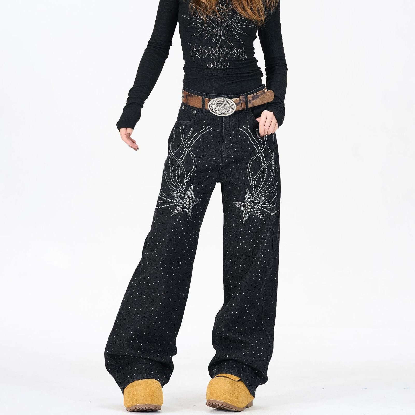Black Wide Leg Pants with Star Rhinestone Embellishment