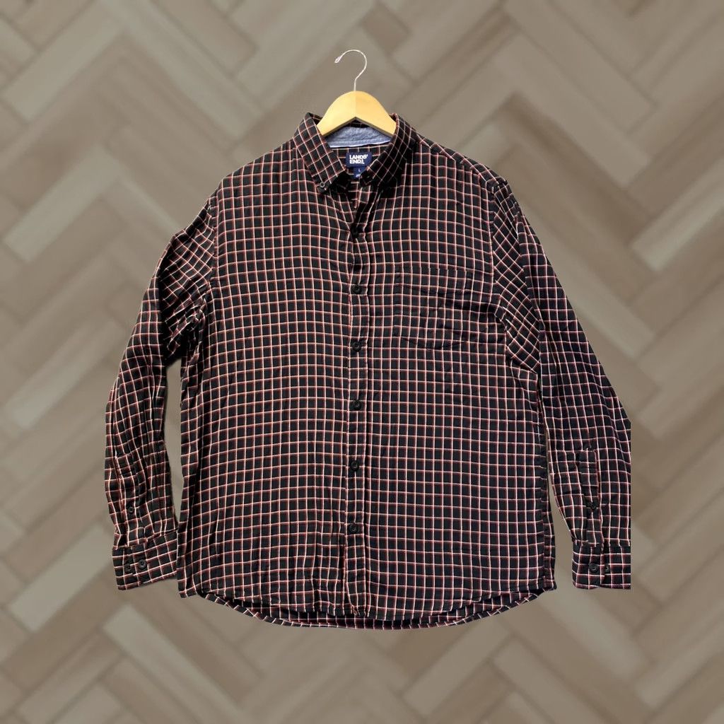 Lands' End Lands' End Button-Up Shirt Men L Blue Red Check Long Sleeve Cotton Poplin Casual Size US L / EU 52-54 / 3 - 1 Thumbnail