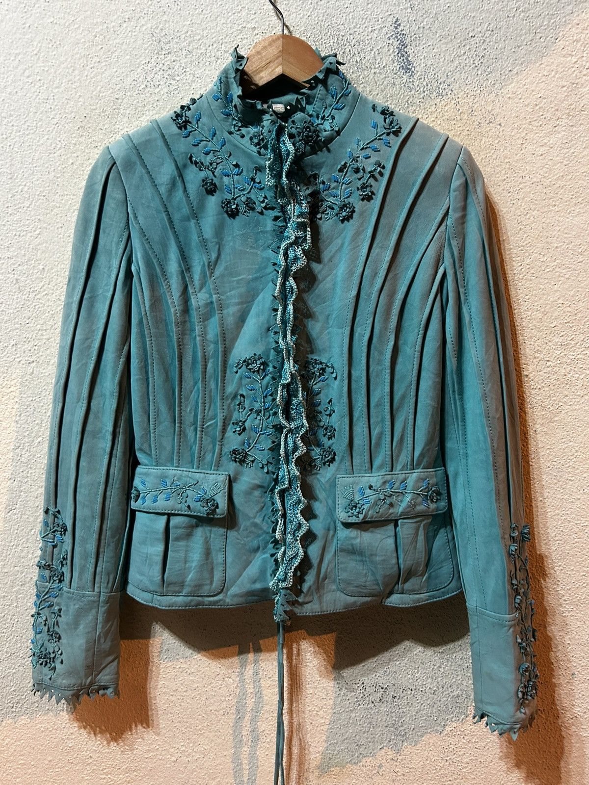 Roberto Cavalli Class Cavalli Intricate Embroidery & Ruffles Leather Jacket Size M / US 6-8 / IT 42-44 - 1 Thumbnail