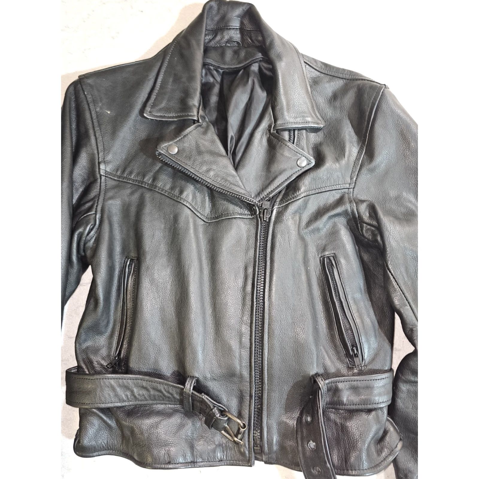 Vintage VINTAGE Leather Motorcycle Jacket Full-Zip Belted Heavyweight 90s Women’s Sz Medium Black Size M / US 6-8 / IT 42-44 - 4 Thumbnail