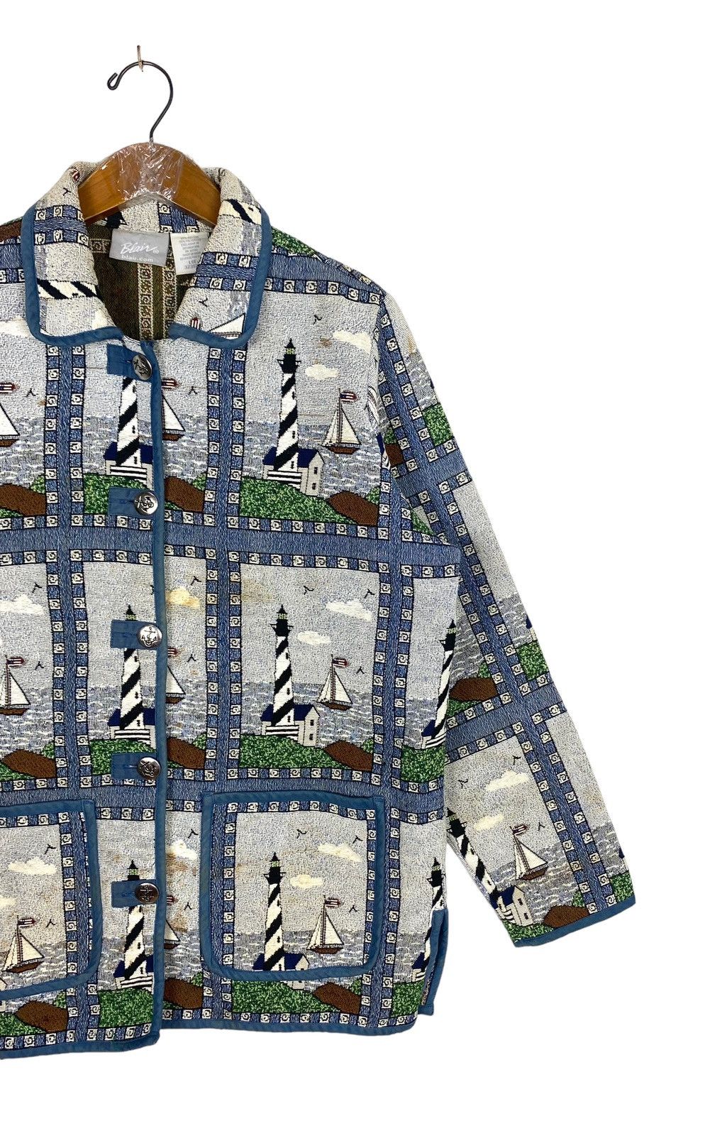 Vintage Vtg Blair Nautical Sailboat Lighthouse Tapestry Jacket Lined Size L / US 10 / IT 46 - 3 Thumbnail