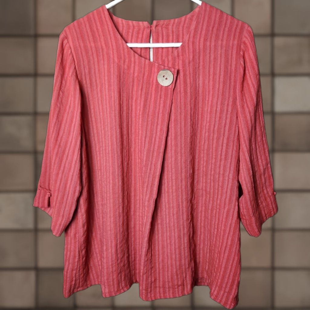 Rusty Fridaze Blouse Womens Rust Red Stripe 100% Linen 3/4 Sleeve Lagenlook Top-Size L Brown Rounded Neck Casual, Travel Womens Size L / US 10 / IT 46 - 1 Thumbnail