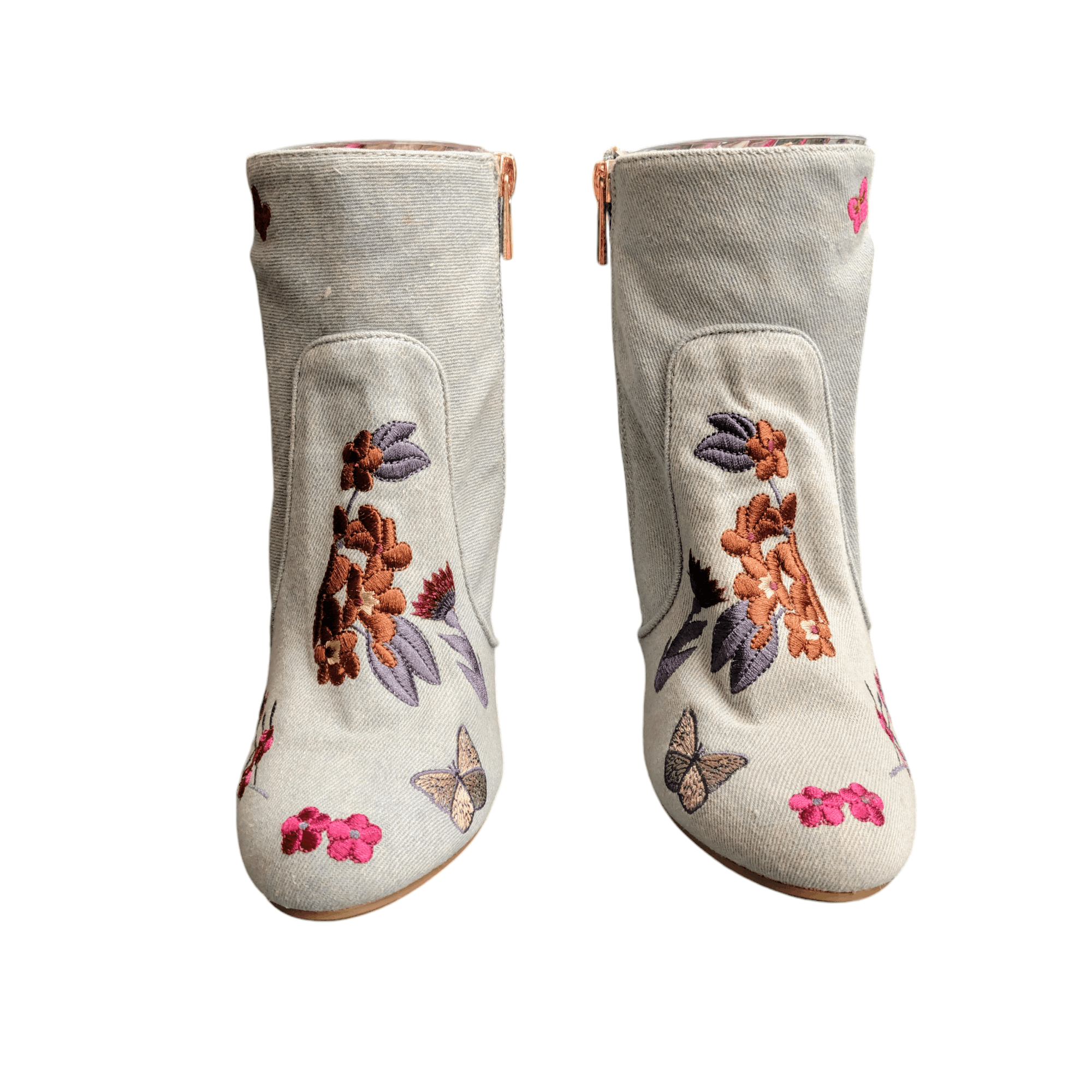 United Bamboo Bamboo Blue Embroidered Flowers & Butterfly Heeled Booties Size US 8 / IT 38 - 3 Thumbnail
