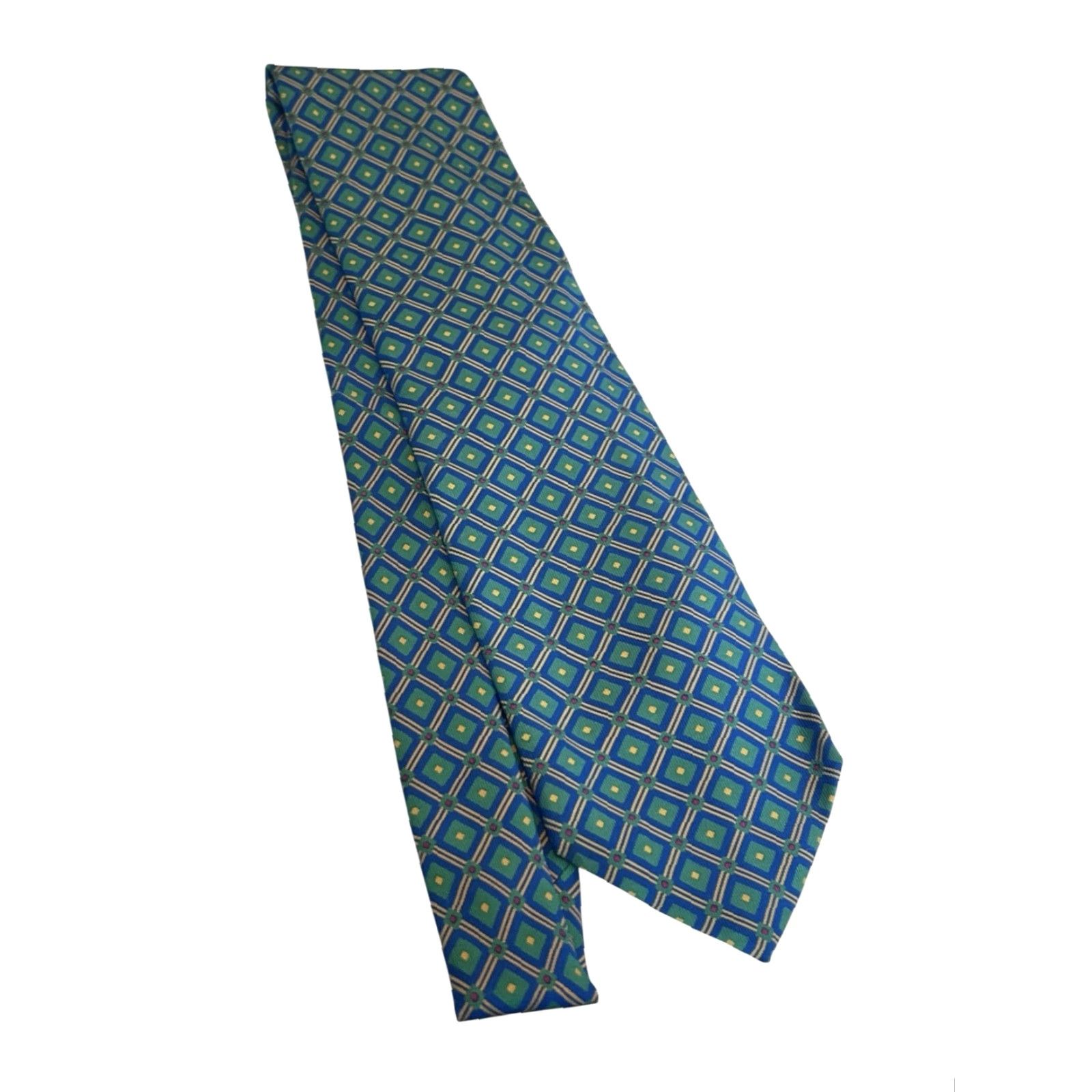 Vintage CHARLES HILL Made In England Emerald Green Blue Diamond Motif Tie DESIGNER Size ONE SIZE - 8 Thumbnail