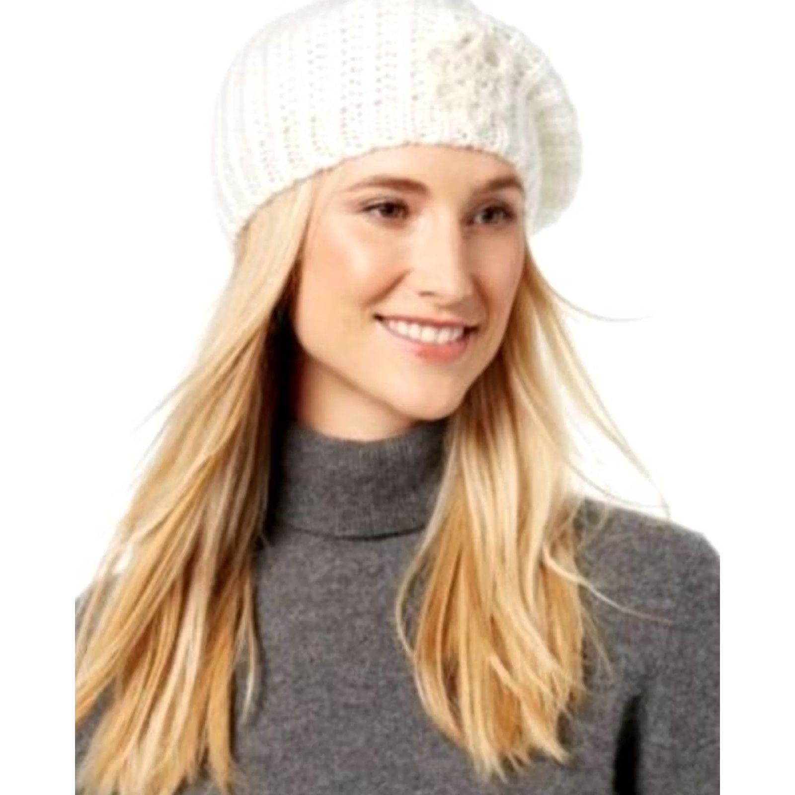 Vintage INC International Concepts Beret Hat Crochet Flower Ivory One Size Womens Knit Acrylic Size ONE SIZE - 2 Thumbnail