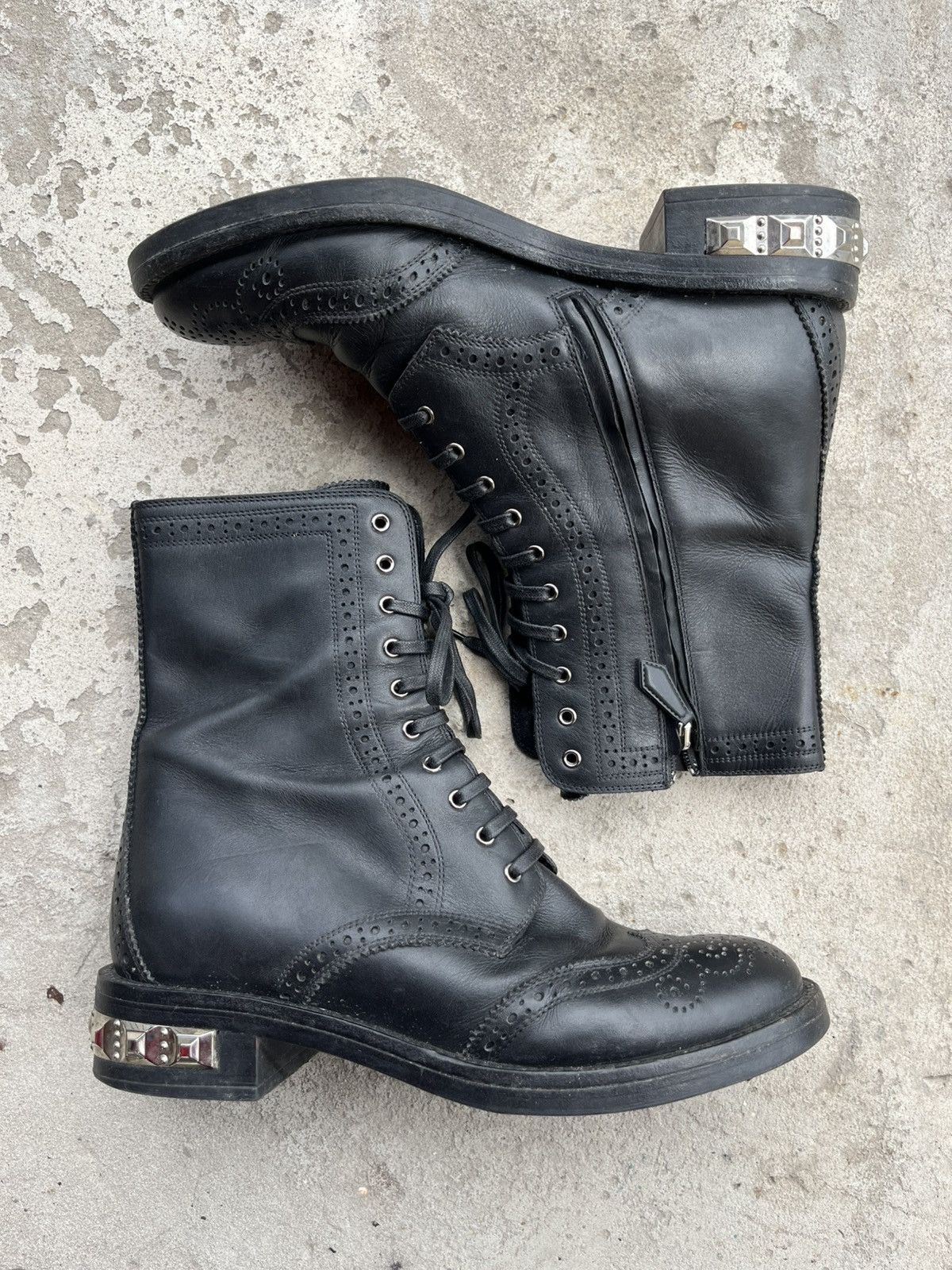 Miu Miu Leather Studded Heels Combat Boots Y2K Shoes in Black, Women's (Size 8)