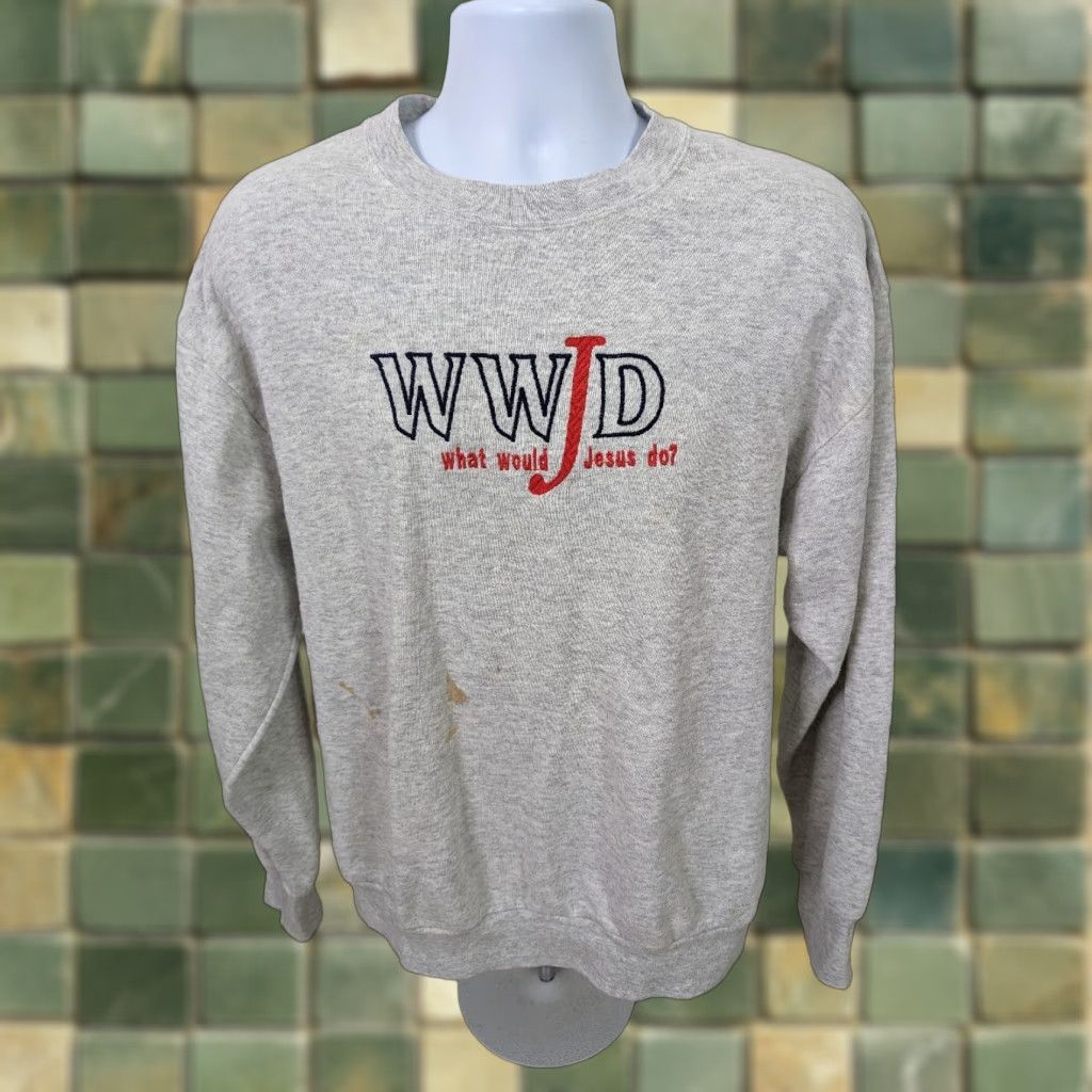 Delta VINTAGE What Would Jesus Do? WWJD USA Crewneck Sweatshirt Large Gray Men Delta Distressed Crew Neck Pullover Long Sleeve with Logo 90s Size US L / EU 52-54 / 3 - 1 Thumbnail