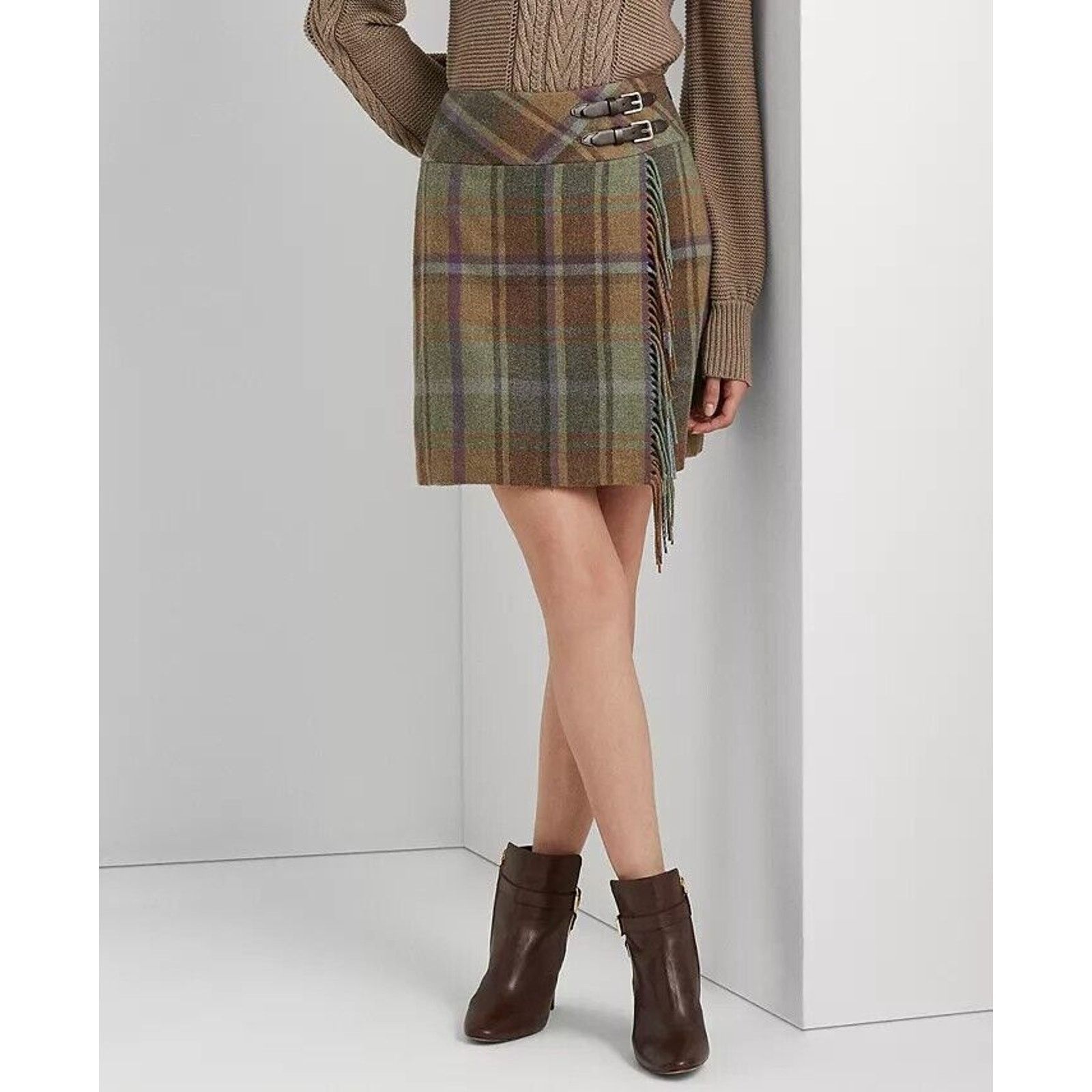 Lauren Ralph Lauren RALPH LAUREN GREEN BROWN PLAID TARTAN FRINGED WOOL SKIRT NWT Size 34" / US 12 / IT 48 - 3 Thumbnail
