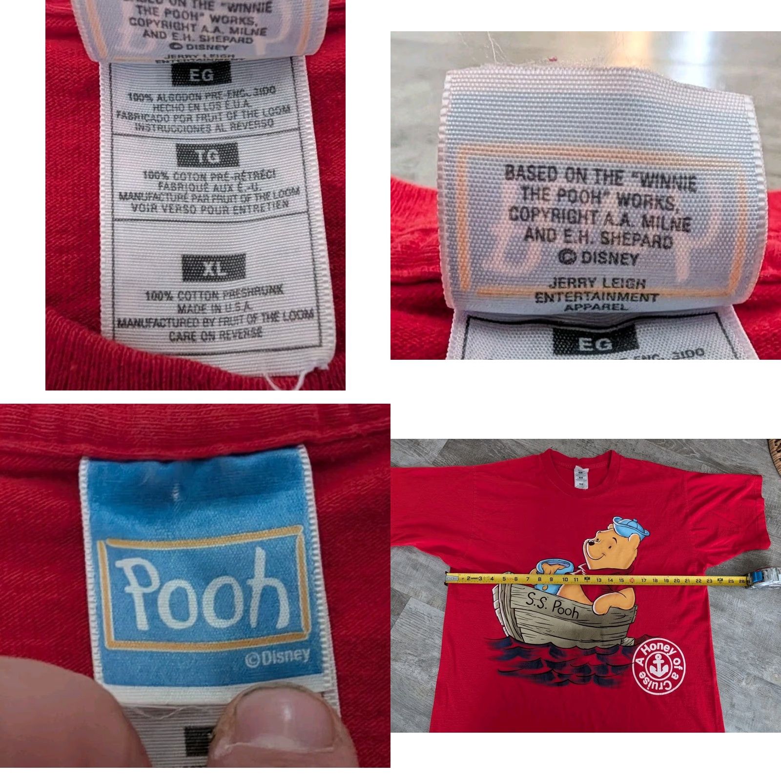 Disney VINTAGE Disney Pooh T-Shirt Men's XL Red Single Stitch 90s USA Made Crew Neck Graphic Print Shirt Size US XL / EU 56 / 4 - 8 Thumbnail