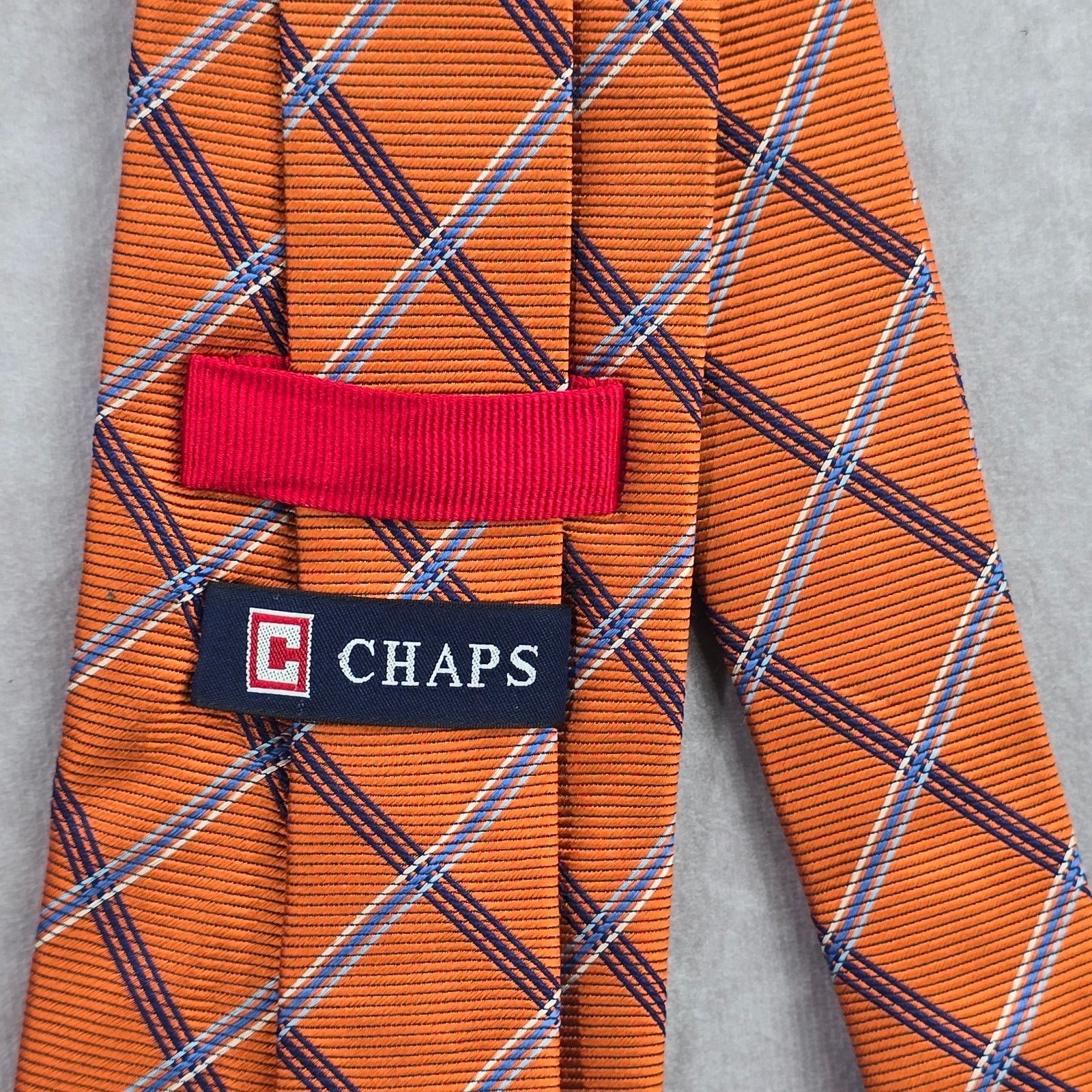 Chaps Chaps Orange Blue Plaid Tartan Stripe 100% Silk Neck Tie Size 32 - 4 Thumbnail