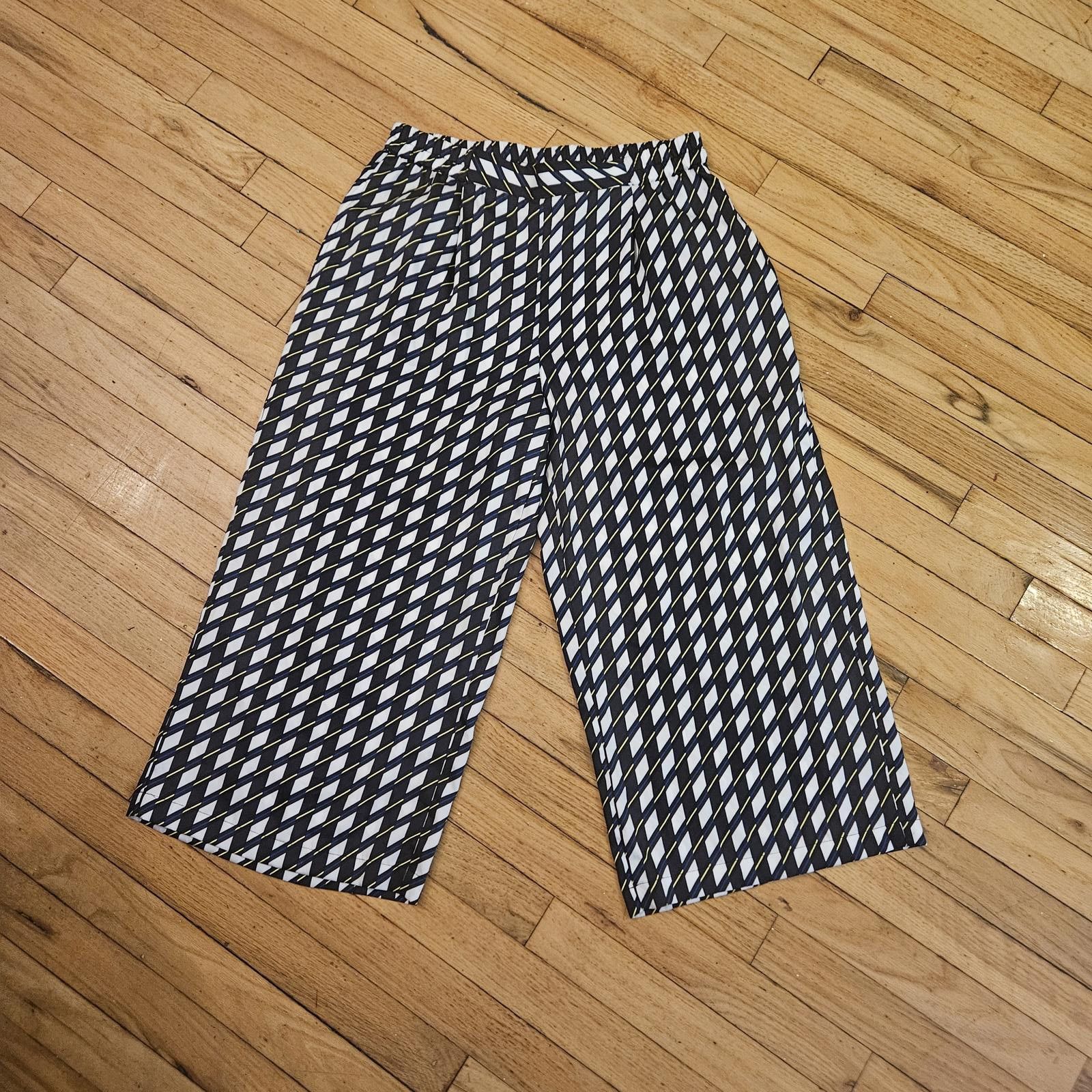 Designer DKNY Cropped Wide Leg Pants M Geometric Diamond Print Size 32" / US 10 / IT 46 - 1 Thumbnail