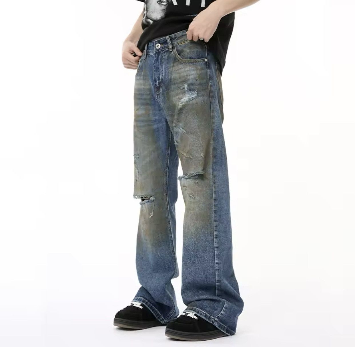 Denime × Jean Retro Broken Distressed Wide Leg Denim Jeans Size US 31 - 3 Thumbnail