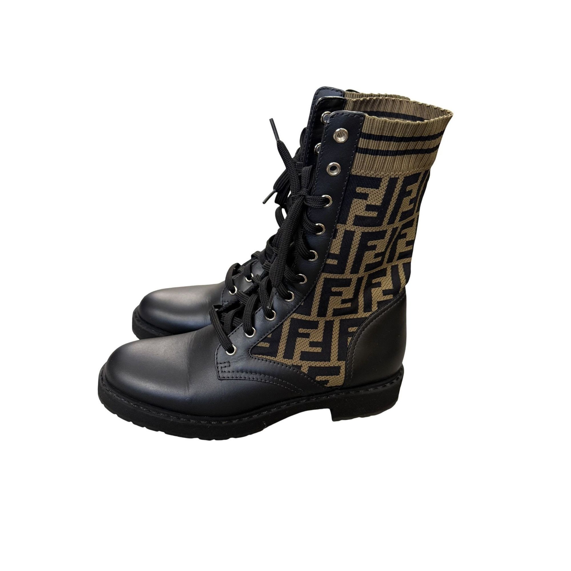 Fendi Fendi FF Logo Print Black Leather & Knit Lace-Up Combat Boot Size US 9 / IT 39 - 3 Thumbnail