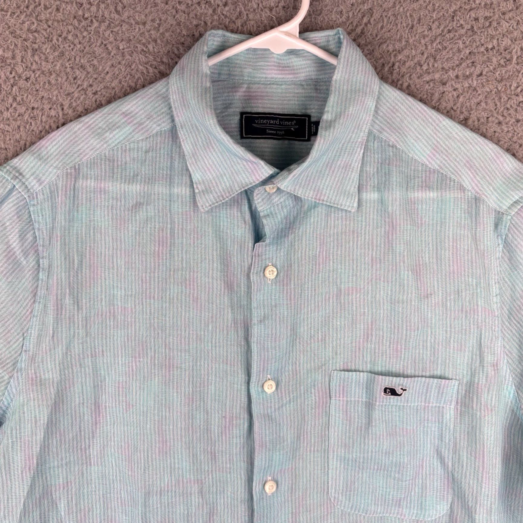 Vineyard Vines Vineyard Vines Linen Shirt Mens Large Turquoise Pink Floral Print Short Sleeve Button-Up Beach Tropical Nautical Island Size US L / EU 52-54 / 3 - 2 Thumbnail