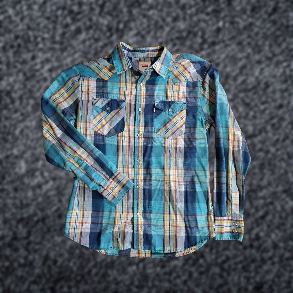 Levi's Levi's Signature Blue Curacao Plaid Western Pearl Snap Shirt Men Size M Size US M / EU 48-50 / 2 - 1 Thumbnail