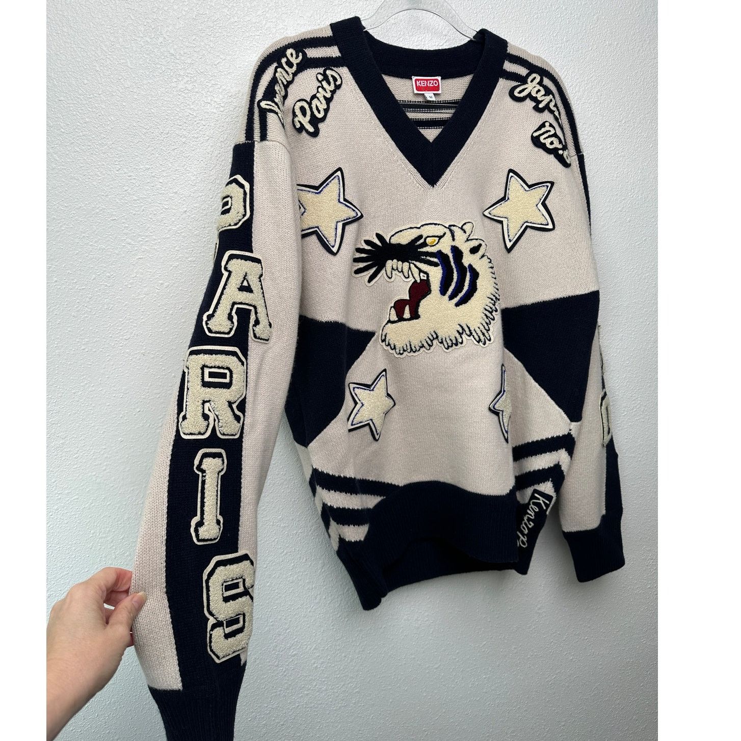 Other KENZO Paris Tiger Graphic V-Neck Sweater Off White Navy M Size US M / EU 48-50 / 2 - 1 Thumbnail