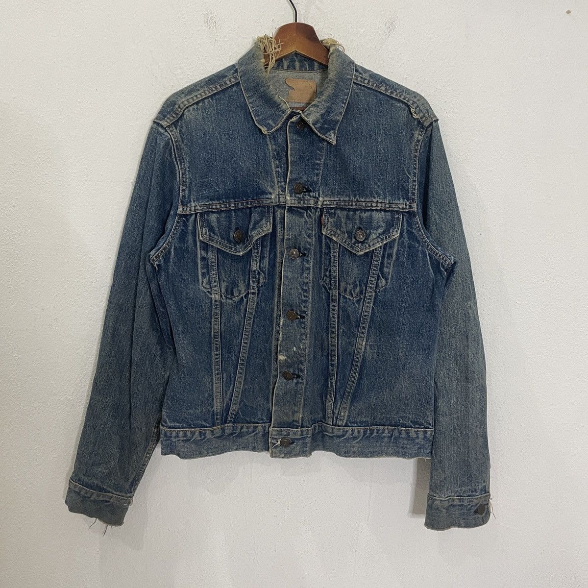 image of Vintage 90's Levis Big E Button 525 Distressed Denim Jacket in Blue, Men's (Size Medium)
