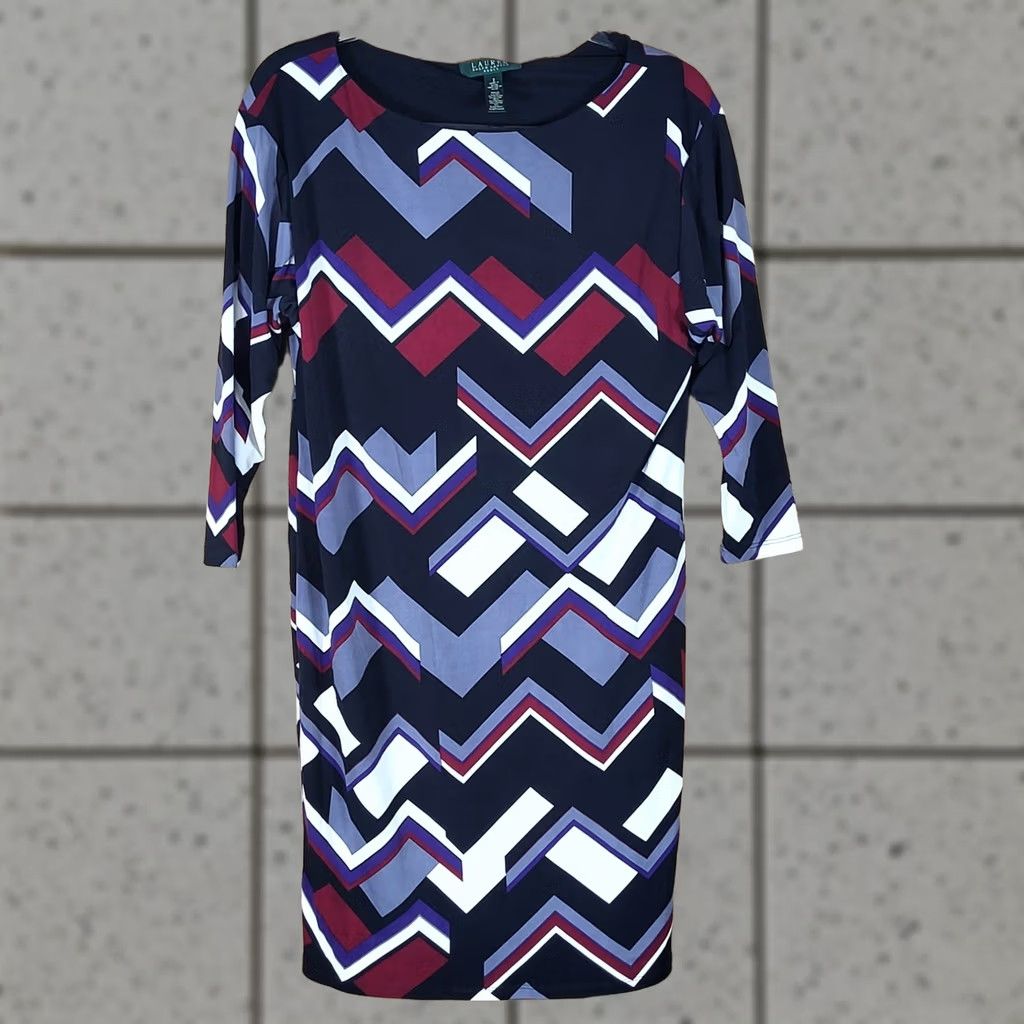 Ralph Lauren Lauren Ralph Lauren Sheath Dress Womens 2 Geometric Chevron Print Black Multicolor Jersey Knit Office Workwear Mod Size XS / US 0-2 / IT 36-38 - 1 Thumbnail