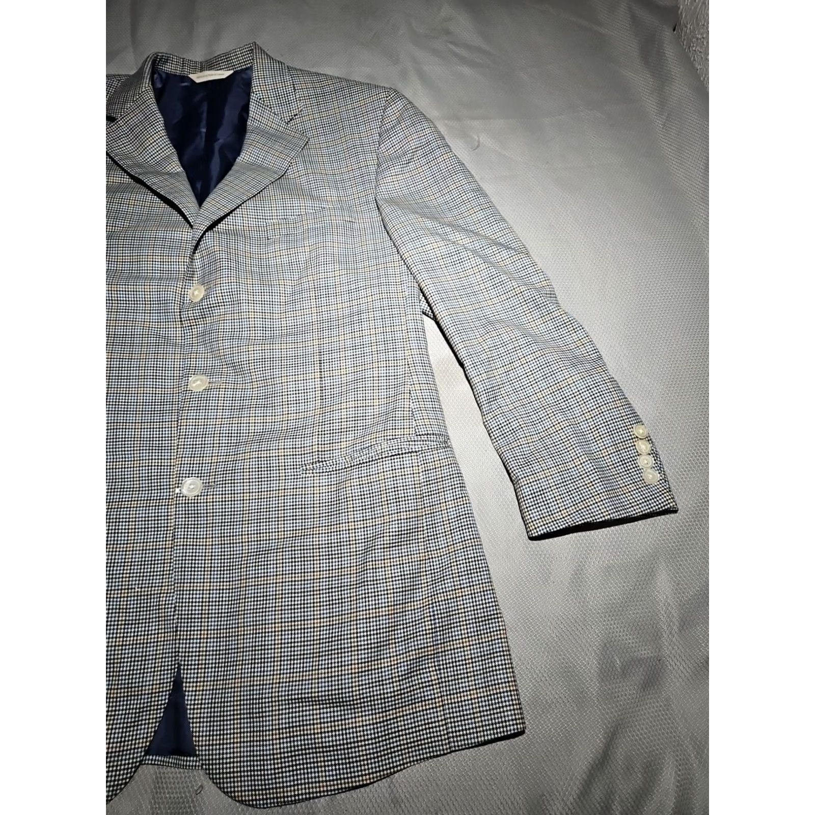 Vintage Samuelsohn Blazer 44 Tan Brown Houndstooth Blue Windowpane Wool Sport Coat Jacket - Three Button Notch Lapel Regular Fit Mens BLAZER Size 44R - 7 Thumbnail