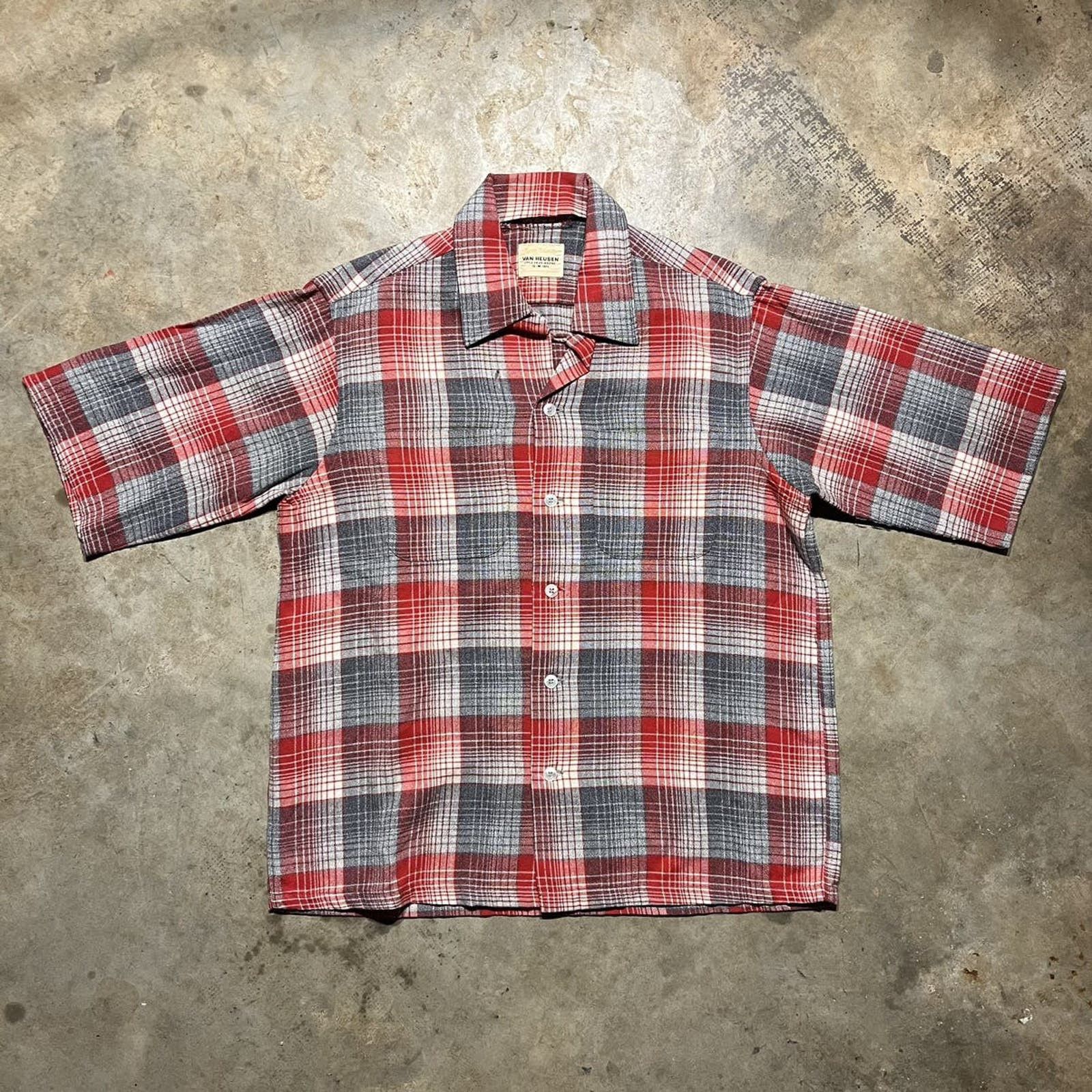 image of Made In USA x Van Heusen Vintage 60S Van Heusen Red Shadow Plaid Loop Collar Shirt (Size Medium)