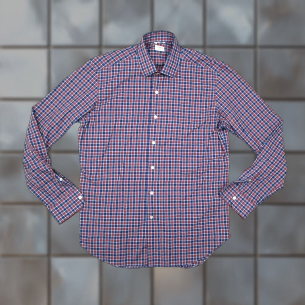 Vintage Culturata Men's Blue Check Dress Shirt Large 16.5 42 Slim Fit Cotton Long Sleeve Button Up Size 42R - 1 Thumbnail