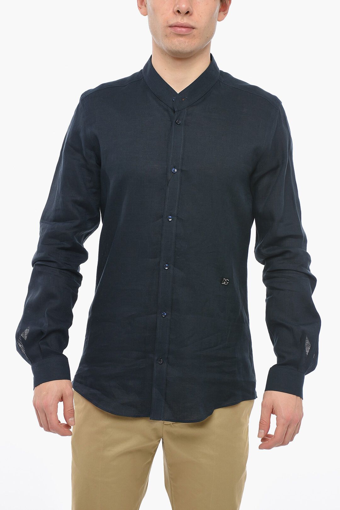 image of Dolce Gabbana Og1Mm0424 Martini Mandarin Collar Flax Shirt In Blue, Men's (Size Medium)