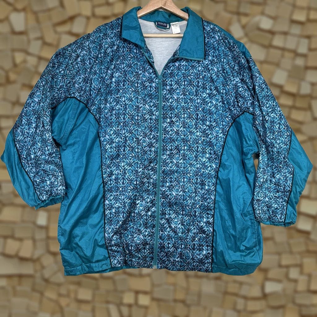 Vintage VINTAGE Honors Plus Size 1X 18/20 Nylon Windbreaker Track Jacket 80s Bold Teal Print Jacket Men/Men's? Size XL / US 12-14 / IT 48-50 - 1 Thumbnail