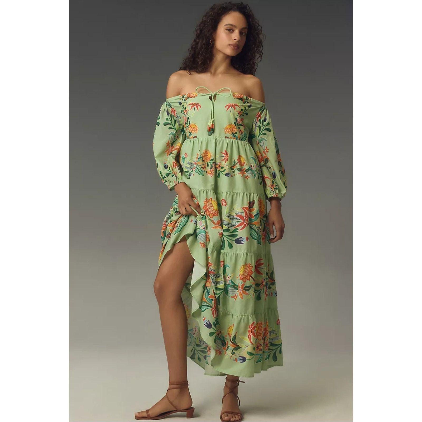 Anthropologie × Farm Rio NWT Off-The-Shoulder Tiered Floral Midi Dress $238 XSP Size XS / US 0-2 / IT 36-38 - 1 Thumbnail