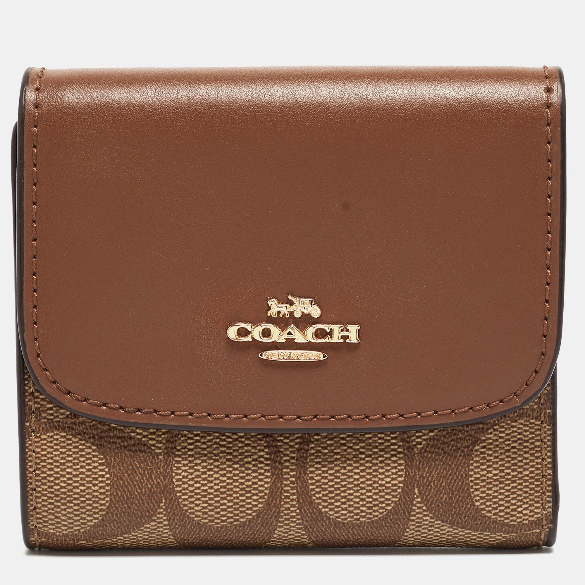 image of Coach Beige/brown Signature Coated Canvas And Leather Trifold Wallet in White, Women's