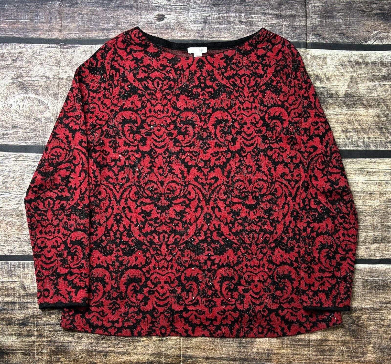 Other J Jill Sweater Women's M Red & Black Damask Studded Accent Size M / US 6-8 / IT 42-44 - 1 Thumbnail