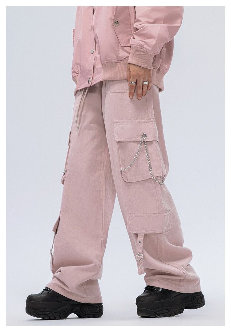 image of Pink Cargo Stack Pants With Chain And Strap Attachments, Women's (Size 28)