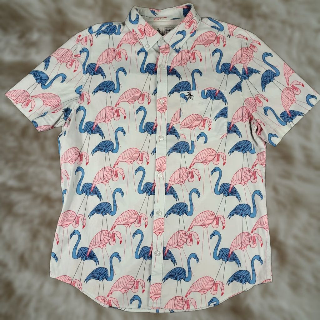 Original Penguin Penguin Shirt Mens Size Medium Blue Pink Flamingos Casual Button Up Short Sleeve Size US M / EU 48-50 / 2 - 1 Thumbnail
