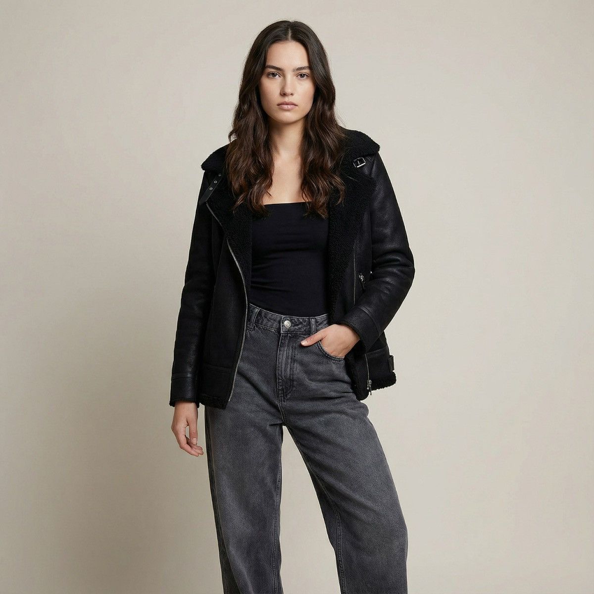 Other Faux Shearling Jacket – Black Biker-Style Winter Coat Size M / US 6-8 / IT 42-44 - 1 Thumbnail