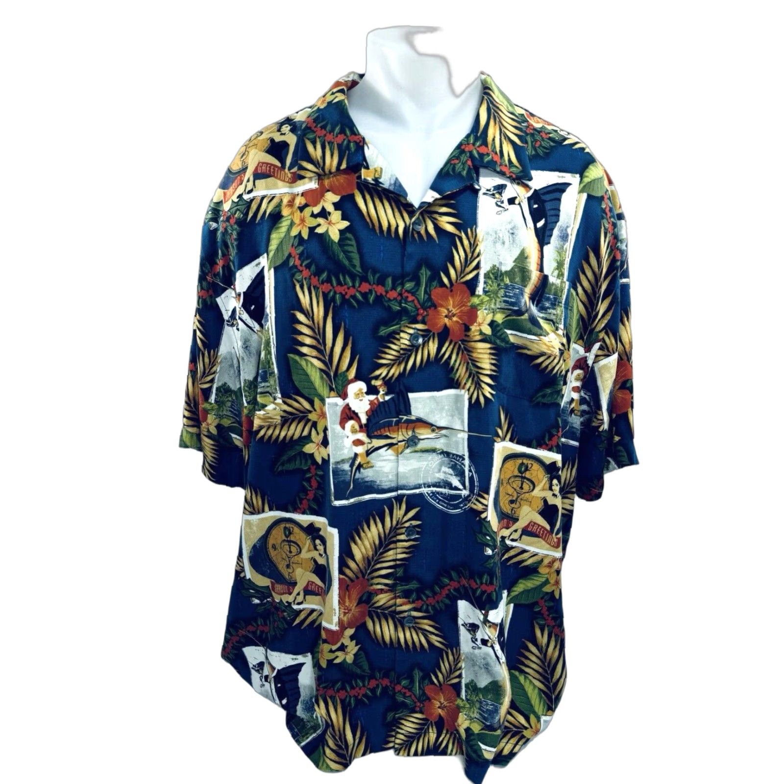 Tommy Bahama TOMMY BAHAMA Shirt - Button-Up Short Sleeve 3XL Mens Blue Christmas Hawaiian Aloha Santa Holiday Size US XXL / EU 58 / 5 - 1 Thumbnail