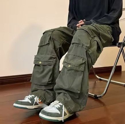 Japanese Brand Olive Green Baggy Cargo Pants - Y2K Skate Streetwear Size US 31 - 6 Thumbnail