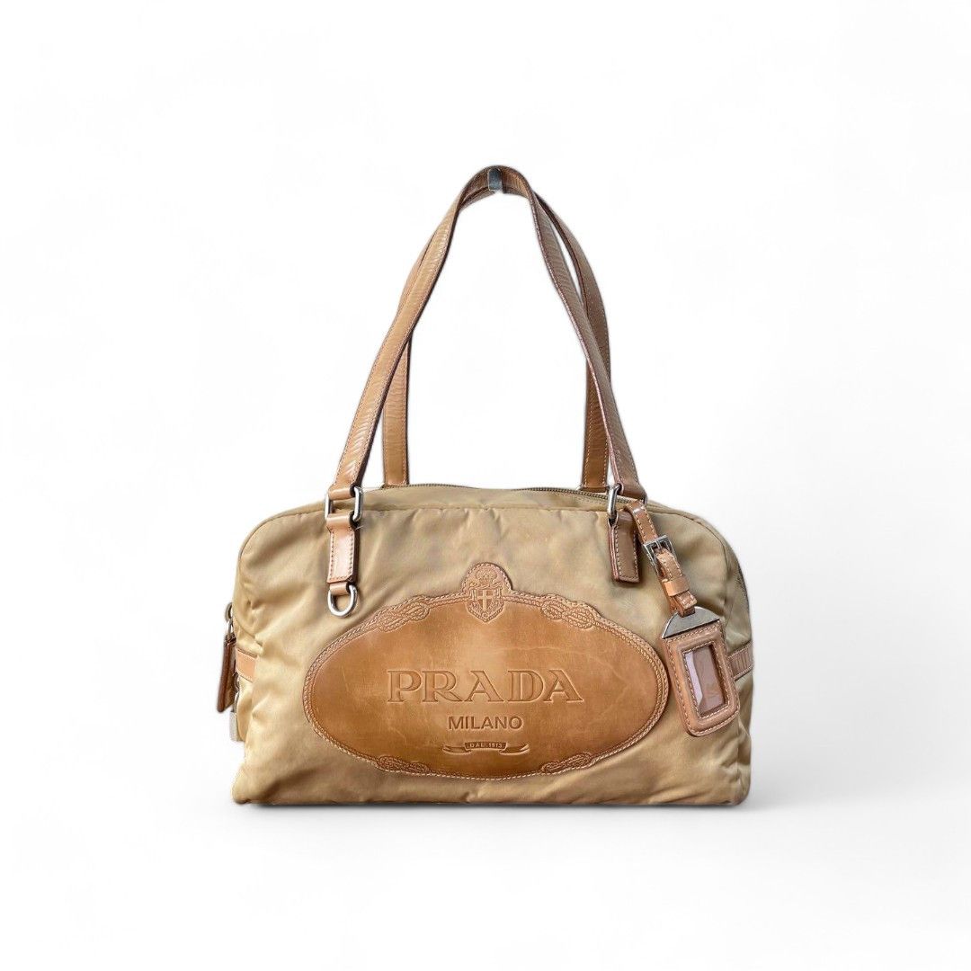 image of Prada - Leather Nylon Mini Boston Handbag in Brown, Women's